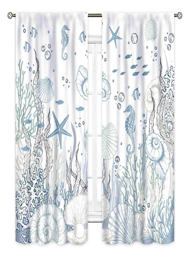 TKUYO Nautical Beach Curtains, Coastal Seahorse Sea Turtle Starfish Seashell Undersea Animal Blue Blackout Drapes for Bedroom Living Room Kids Room Bathroom Kitchen Window Treatments 2 Panel, 42"x45" Inch - Image 2